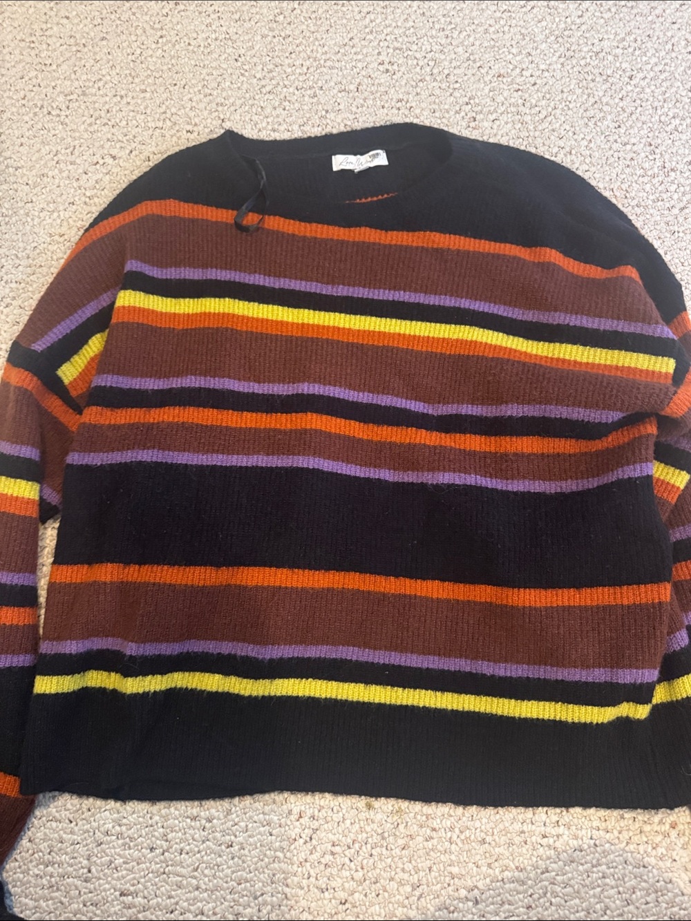Striped Crewneck Sweater in Black with Orange, Purple & Yellow Accents